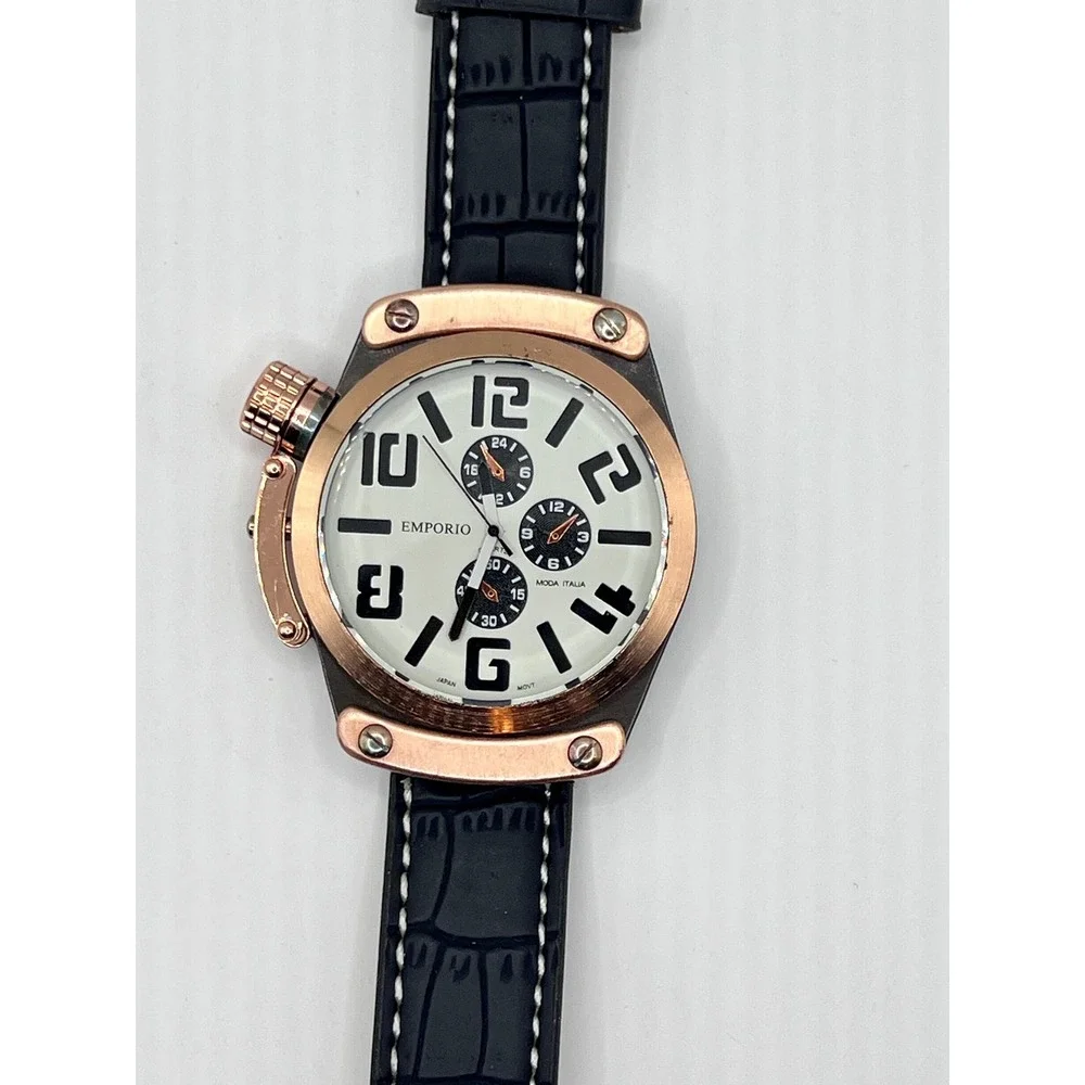 NWOT Emporio Watch NO.8975 Black/Rose Gold New Chronograph Canteen Crown